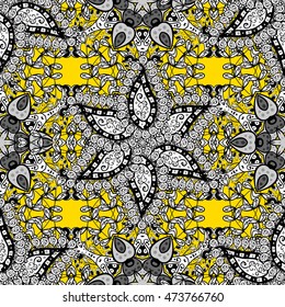 Seamless background. Circle flower mandalas seamless pattern in black white and yellow, vector