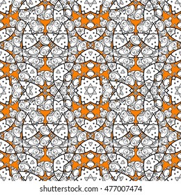 Seamless background. Circle flower mandalas seamless pattern in black white and orange, vector