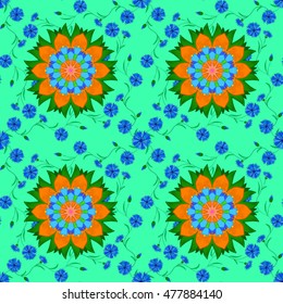Seamless background. Circle flower mandalas seamless pattern in green, blue, orange vector