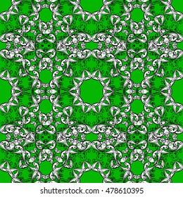 Seamless background. Circle flower mandalas seamless pattern in black white and green, vector