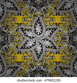 Seamless background. Circle flower mandalas seamless pattern in black white and yellow, vector