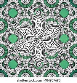 Seamless background. Circle flower mandalas seamless pattern in black white and green, vector