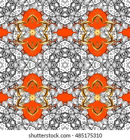 Seamless background. Circle flower mandalas seamless pattern in black white and yellow, orange, golden, vector