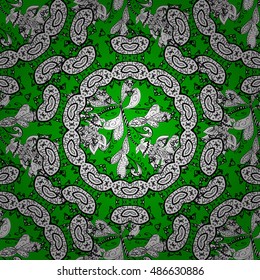 Seamless background. Circle flower mandalas seamless pattern in black white and green, vector