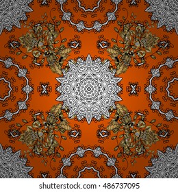 Seamless background. Circle flower mandalas seamless pattern in black white and orange, golden vector