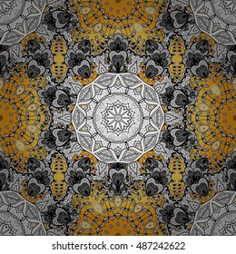 Seamless background. Circle flower mandalas seamless pattern in black white and yellow, orange, golden, vector