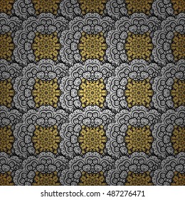 Seamless background. Circle flower mandalas seamless pattern in black white and yellow, vector