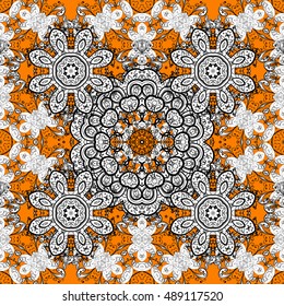 Seamless background. Circle flower mandalas seamless pattern in black white and yellow, orange, red, vector