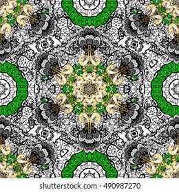 Seamless background. Circle flower mandalas seamless pattern in black white and green, golden, vector