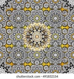 Seamless background. Circle flower mandalas seamless pattern in black white and yellow, vector