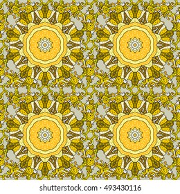 Seamless background. Circle flower mandalas seamless pattern in dim white and yellow, vector