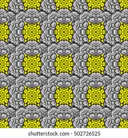Seamless background. Circle flower mandalas seamless pattern in black white and yellow, vector