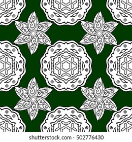 Seamless background. Circle flower mandalas seamless pattern in black white and green, vector
