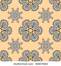 Seamless background. Circle flower mandalas seamless pattern in black white and yellow, orange, atomic tangerine. Doodles flower. vector