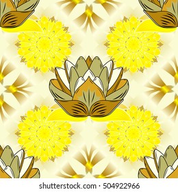 Seamless background. Circle flower mandalas seamless pattern in white and yellow, brown, beige. Flower. Lotus. vector