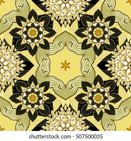 Seamless background. Circle flower mandalas seamless pattern in black white and beige, vector