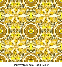 Seamless background. Circle flower mandalas seamless pattern in white and yellow, orange, vector
