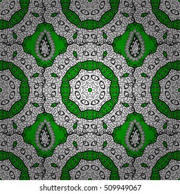 Seamless background. Circle flower mandalas seamless pattern in black white and green, vector