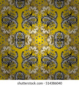 Seamless background. Circle flower mandalas seamless pattern in black white and yellow, vector