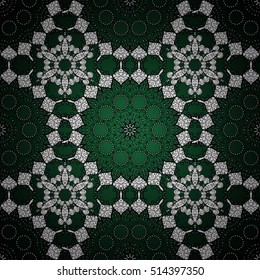 Seamless background. Circle flower mandalas seamless pattern in black white and green, vector