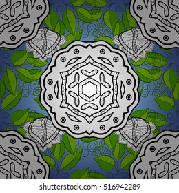 Seamless background. Circle flower mandalas seamless pattern in black white and green, blue, vector