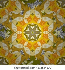 Seamless background. Circle flower mandalas seamless pattern in dim white and yellow, vector
