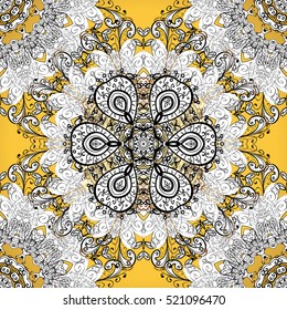 Seamless background. Circle flower mandalas seamless pattern in black white and yellow, orange, vector
