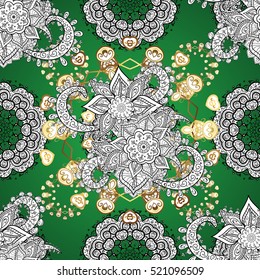 Seamless background. Circle flower mandalas seamless pattern in black white and green, golden, vector