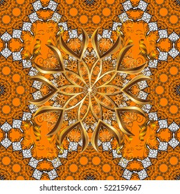Seamless background. Circle flower mandalas seamless pattern in black white and yellow, orange, golden, vector
