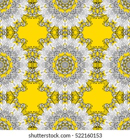 Seamless background. Circle flower mandalas seamless pattern in black white and yellow, vector