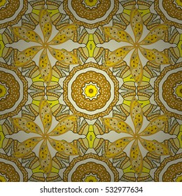 Seamless background. Circle flower mandalas seamless pattern in white and yellow, orange, vector
