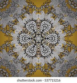 Seamless background. Circle flower mandalas seamless pattern in black white and yellow, orange, vector. Radial gradient shadow.