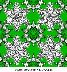 Seamless background. Circle flower mandalas seamless pattern in black white and green, vector