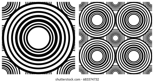 seamless background of circle  on transparent background. Left is single pattern . Right is assembly of four patterns
