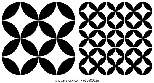 seamless background of circle  on transparent background. Left is single pattern . Right is assembly of four patterns
