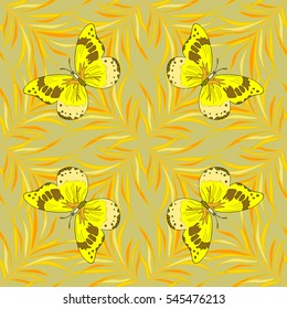 Seamless background. Circle petals flower mandalas seamless pattern in dim black and yellow, vector. Yellow butterflies.