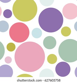Seamless background with circles of different sizes and colors. Geometric pattern in retro style for print on fabric, Wallpaper, textiles. Vector illustration. Blue, green, purple and pink color