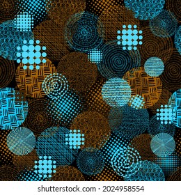 Seamless background from circles with hatching. Abstract multicolored background. blue and orange . Print for fabric . Vector illustration