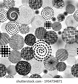 Seamless background from circles with hatching. Vector illustration