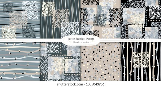 Seamless background with circles and stripes. Graphic background for Wallpaper,paper and fabric. Set of seamless patterns with stripes, dots. Tile, vector.