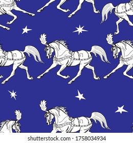  seamless background, circus horses on blue background