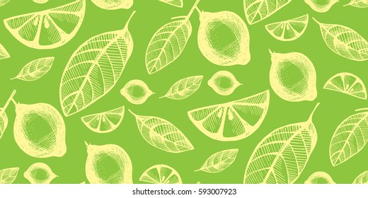 Seamless background with citrus fruit and leaves. Vector lemon. 
Hand drawn illustration.
