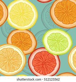 Seamless background with citrus. Hand-drawn vector illustration. Pattern for greeting cards, scrapbooking, print, gift wrap, manufacturing, fabric.