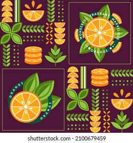 Seamless background with citrus, lemon, orange in simple geometric style. Abstract shapes. Good for branding, decoration of food package, cover design, decorative print, background. Inspired Bauhaus