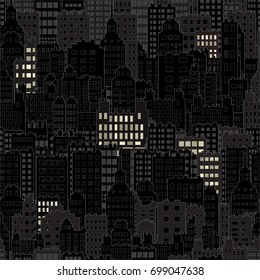 Seamless Background With City Building Night Lights Window, Black and Dark Vector