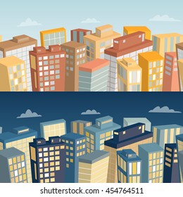 Seamless background with city landscape. Day and night panoramic view. Cartoon vector illustration