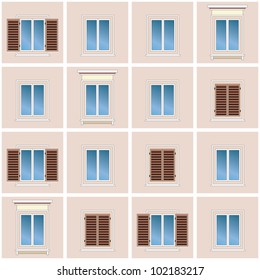 Seamless background of the classic building facade with different types of windows in violet tones