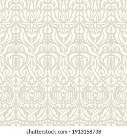 Seamless background with classic pattern. Floral ornament, vertical lines, abstract flowers and leaves. Soft light gray-beige colors. Endlessly repeating texture for fabrics, textiles, wallpaper.