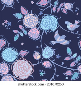 Seamless background with climbing roses and birds. Floral vector pattern.