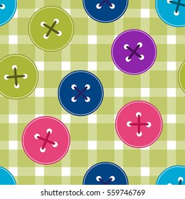 Seamless background with clothing Buttons on the checkered cloth. Embroidery stylization. Easter vector pattern for cushion, pillow, bandanna, fabric print. Texture for clothes, bedclothes